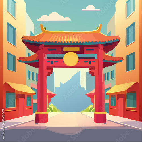 Colorful Vector Illustration of a Vibrant Chinatown Gate with Traditional Ornate Details, Red and Gold Accents, Lanterns, and Cultural Symbols; A Celebration of Heritage and Architecture