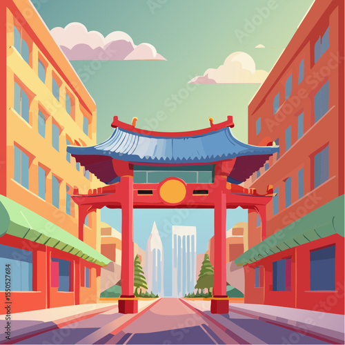 Colorful Vector Illustration of a Vibrant Chinatown Gate with Traditional Ornate Details, Red and Gold Accents, Lanterns, and Cultural Symbols; A Celebration of Heritage and Architecture