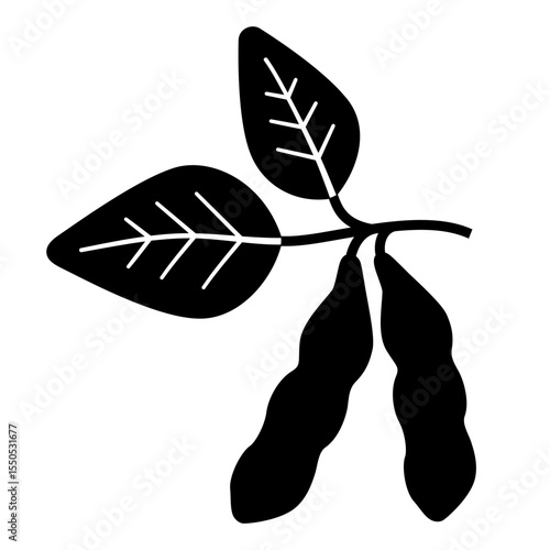 Icon of a green bean or soybean plant with two ripe seed pods, leaves with veins, and stem. Legume vector graphic in solid black glyph style for agriculture and farming.