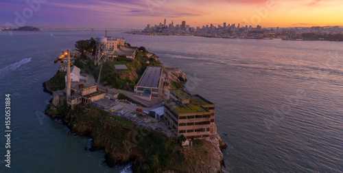 Alcatraz Island, USA, at dusk. The former prison is a popular tourist destination. Visitors explore the historic site, learning about its past and enjoying views of San Francisco.