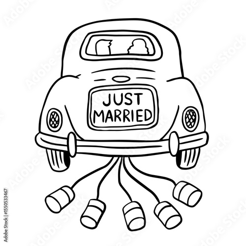 Just married wedding car. Whimsical wedding doodle.