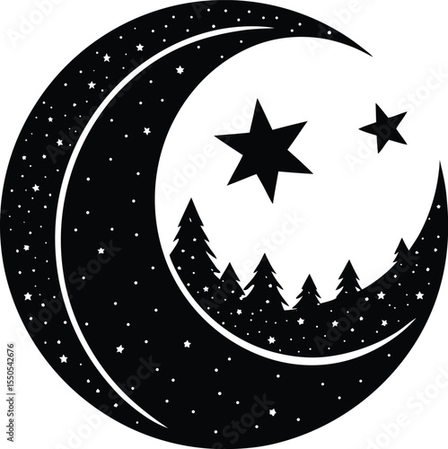 Silhouette of a Crescent Moon with Star