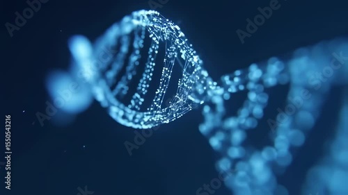 An abstract 3D animation of a DNA molecule spinning in slow motion. The close-up view with a shallow depth of field shows a glowing blue double helix structure against a dark, futuristic background.