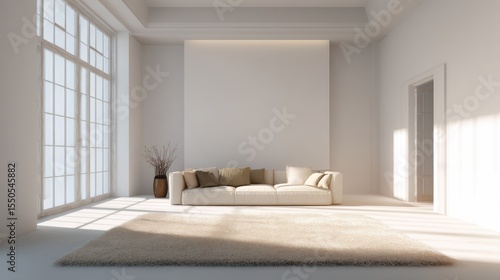 A minimalist living room featuring a single beige rug in the center of the room. The surrounding area is completely empty, emphasizing clean, open floor space and natural light.