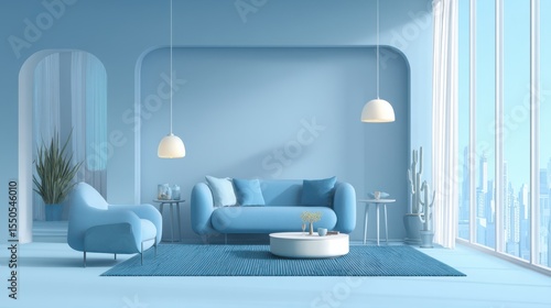 A modern living room bathed in blue tones, showcasing minimalist furnishings and decor. The spacious design includes plenty of copy space for customization.