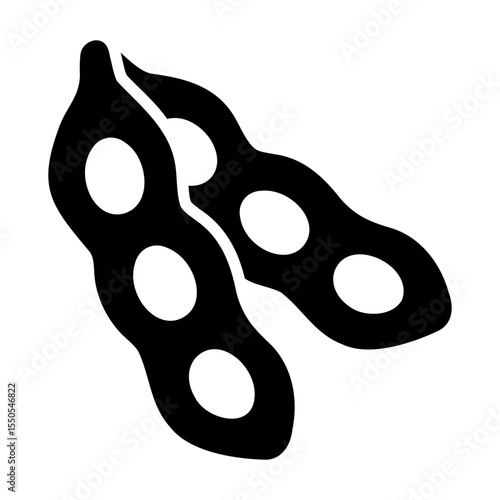 Glycine max bean pod icon with seeds. Soybean graphic in solid black glyph style for food, agriculture and farming.