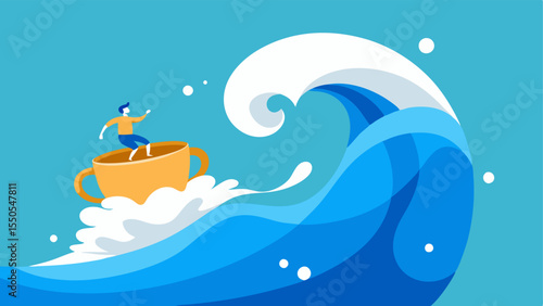Dynamic Motion A lively illustration capturing the moment a giant s is being scooped into a wave with water splashing dramatically around the person. The teacup is shown midair