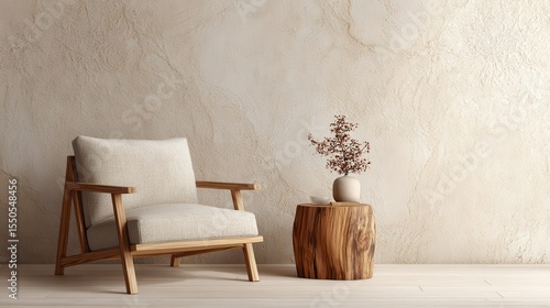 Fabric lounge chair and wood stump side table against beige stucco wall with copy space. Rustic minimalist home interior design of modern living room.
