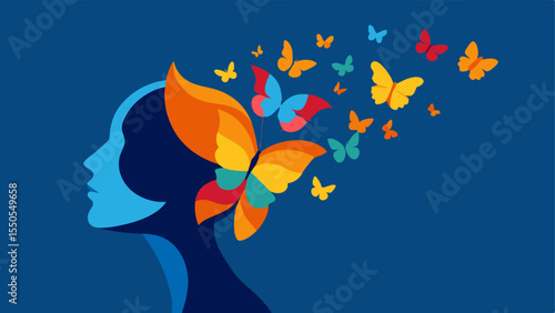 Conceptual Burst The illustration showcases a silhouette of a person in profile with their head tilted slightly back. From the top of their head colorful butterflies in various