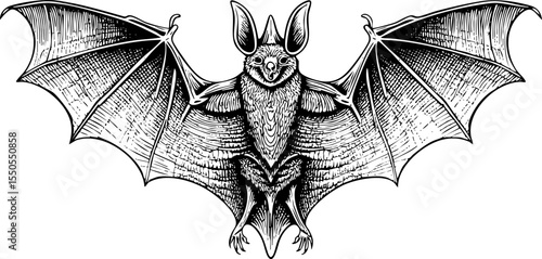 A detailed black and white illustration of a bat with outstretched wings, featuring intricate textures, ideal for gothic art, Halloween designs, or tattoo inspiration.
