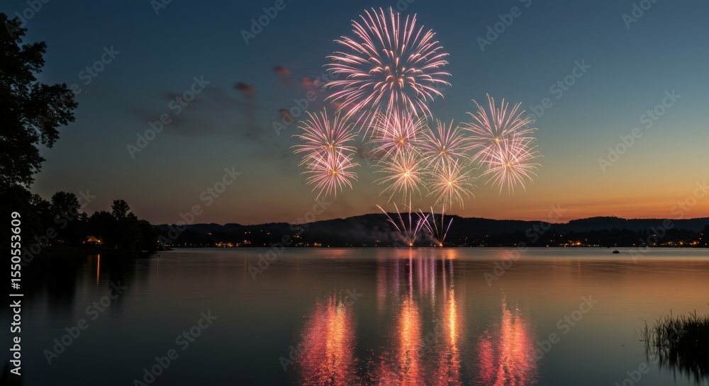 Fototapeta premium Vibrant Fireworks Display Over Calm Lake at Night