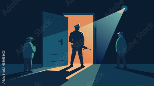 Aftermath Scene The same door now ajar with light pouring in showing a tactical officer standing inside with a visible sense of vigilance as the team checks for threats.
