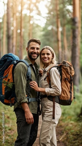 Wallpaper Mural Smiling couple posing in a forest with backpacks on a hiking trip, enjoying the nature and sunny light filtering through trees Torontodigital.ca