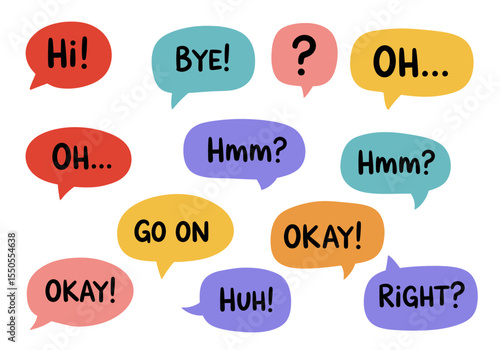 Eleven speech bubbles are displayed each with a unique color containing various conversational phrases