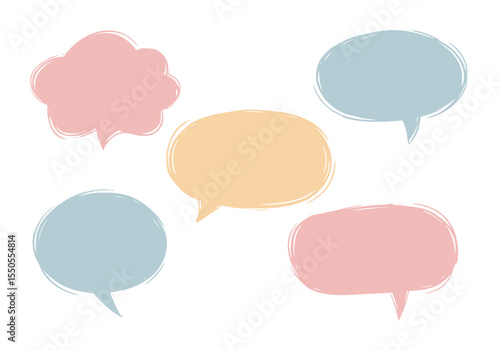 Five pastel speech bubbles with rough sketched outlines in various shapes and orientations on a plain white background