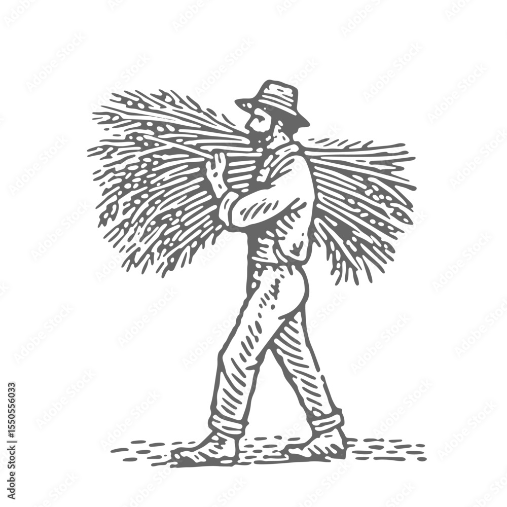 Fototapeta premium Farmer holding wheat. Vintage rough woodcut engraving linocut style vector illustration.