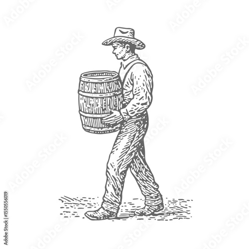 Man Carrying a barrel. Vintage rough woodcut engraving linocut style vector illustration.