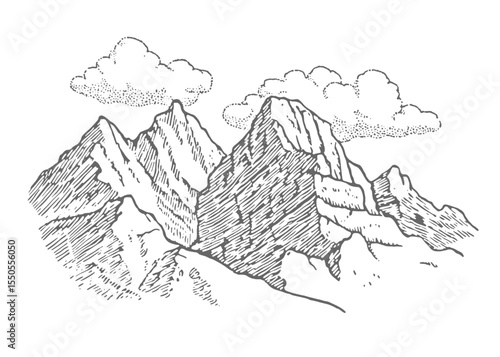 Mountain Landscape. Vintage rough woodcut engraving linocut style vector illustration.
