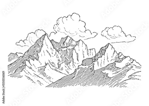 Mountain landscape. Vintage rough woodcut engraving linocut style vector illustration.