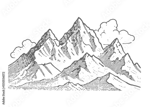 Mountain view. Vintage rough woodcut engraving linocut style vector illustration.