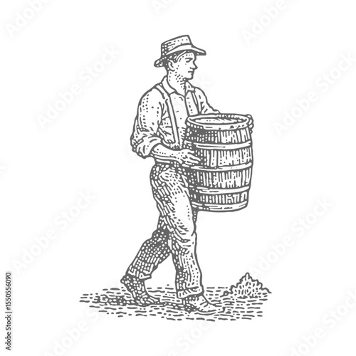 Man with a barrel. Vintage rough woodcut engraving linocut style vector illustration.
