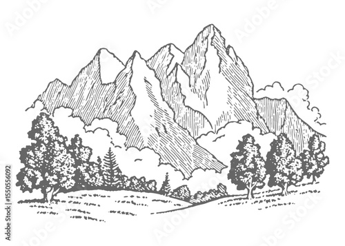 Mountains 6. Vintage rough woodcut engraving linocut style vector illustration.