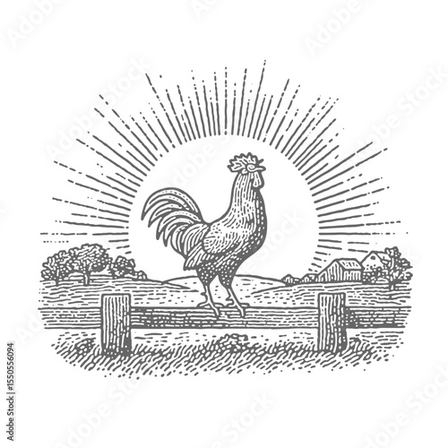 Rooster on crowing a fence. Vintage rough woodcut engraving linocut style vector illustration.