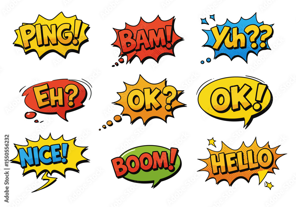 Nine comicstyle speech bubbles featuring various onomatopoeias and expressions Nine comicstyle speech bubbles featuring various onomatopoeias and expressions