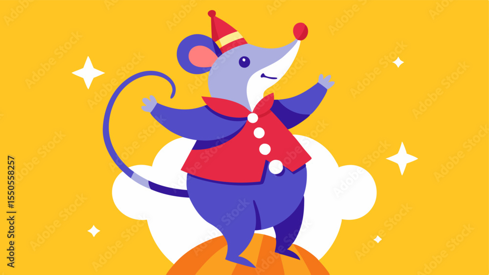 Fototapeta premium Double Trouble The mouse dressed in a vibrant jester costume stands confidently on the elephants back striking a playful pose. The elephant with a big grin and circus flair holds a