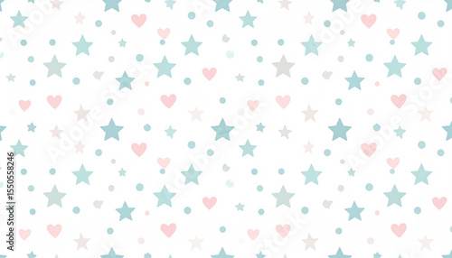 A repeating pattern of pastel pink hearts and teal stars on a white background, interspersed with small dots
