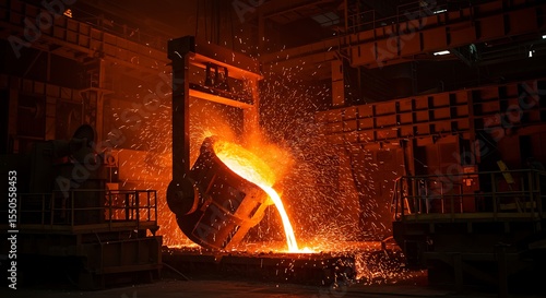 An intense and dramatic shot of glowing, molten steel being poured from a massive industrial ladle, creating a shower of bright orange sparks against a dark foundry background.