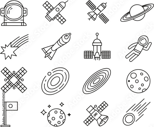 Space exploration thin line icons set. Rocket, planet, astronaut, galaxy. editable stroke. vector illustration