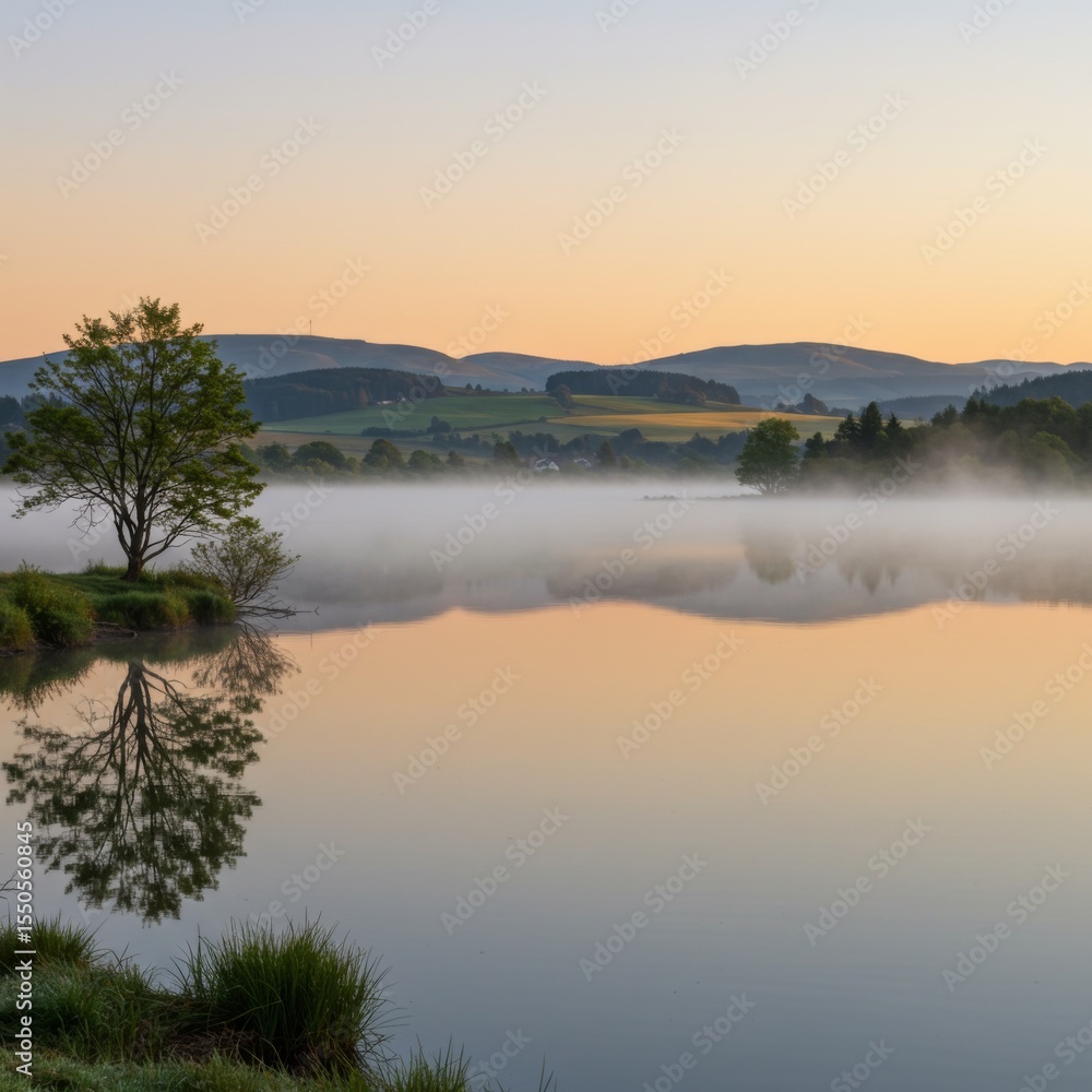 Fototapeta premium Serene Sunrise Over Misty Lake with Tree Reflection