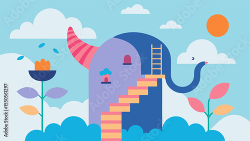Dreamlike Ascension A fantastical house portrayed with an elephantlike trunk that extends upwards transitioning into a staircase that spirals into the clouds. The stair treads are