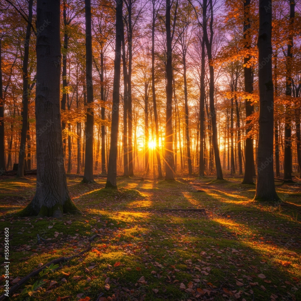 Fototapeta premium Autumn Sunset in a Forest of Tall Trees