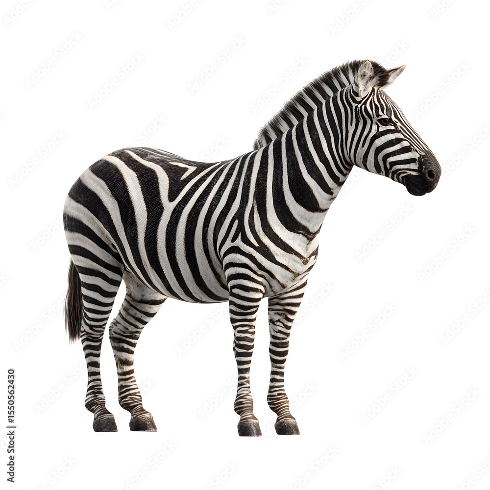 Fototapeta premium A full-body zebra in profile showing black and white stripe patterns clearly. Use even lighting to make contrast sharp. Face slightly turned toward viewer to show both eye and ear. Kee
