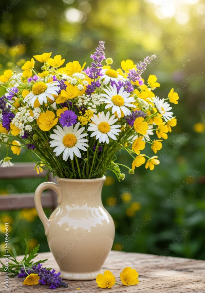 Fototapeta premium Summer Wildflower Bouquet in Beige Pitcher