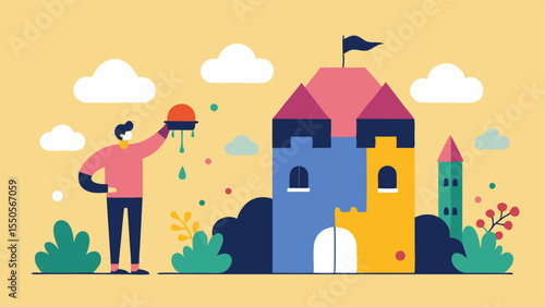 Decorating the Castle A scene that captures the person painting the walls of the castle with bright colors and patterns. Surrounding the castle are small flowers and miniature