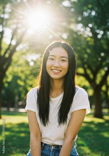 Smiling Young Woman in a Park on a Sunny Day