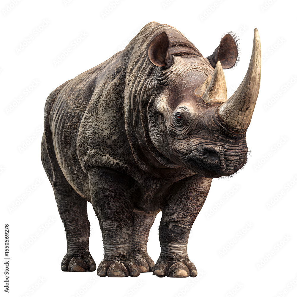 Fototapeta premium A Javan rhino with a single horn and rugged skin folds, standing calmly. Showcase prehistoric look and textured skin. 8K, high detail, ultra-sharp, transparent background style
