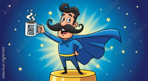 Father's day celebrate father's day with super dad illustration holding coffee mug best dad ever and cape in starry night vector