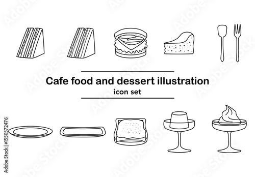 カフェの軽食やデザートをモチーフにしたシンプルで使いやすい線画アイコンセット｜サンドウィッチ,ピザトースト,チーズケーキ,プリン,ゼリー,スプーン,フォーク,お皿