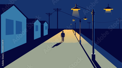 City Street Scene A residential street is depicted with several CCTV cameras mounted on poles focusing on a lone figure walking suiously at night casting a long shadow.