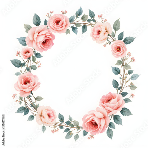 Watercolor Floral Frame with Pink Roses and Green Leaves for Invitation Template