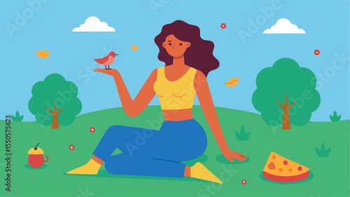 Casual Chic in a Park Set in a vibrant simplified park scene a fashionable supermodel sits on a picnic blanket wearing a stylish crop top and highwaisted jeans. With one leg