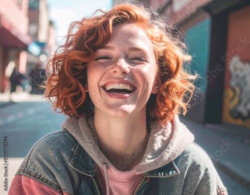 Young woman with curly short hair smiling