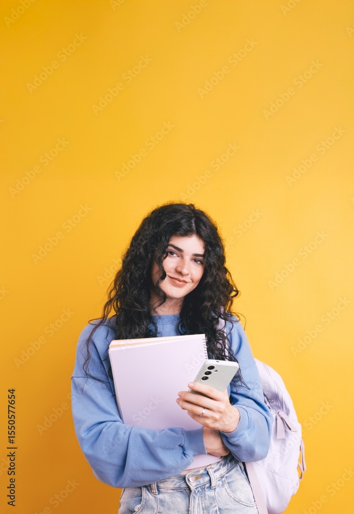 Fototapeta premium Smiling student using smartphone and holding notebook on yellow background