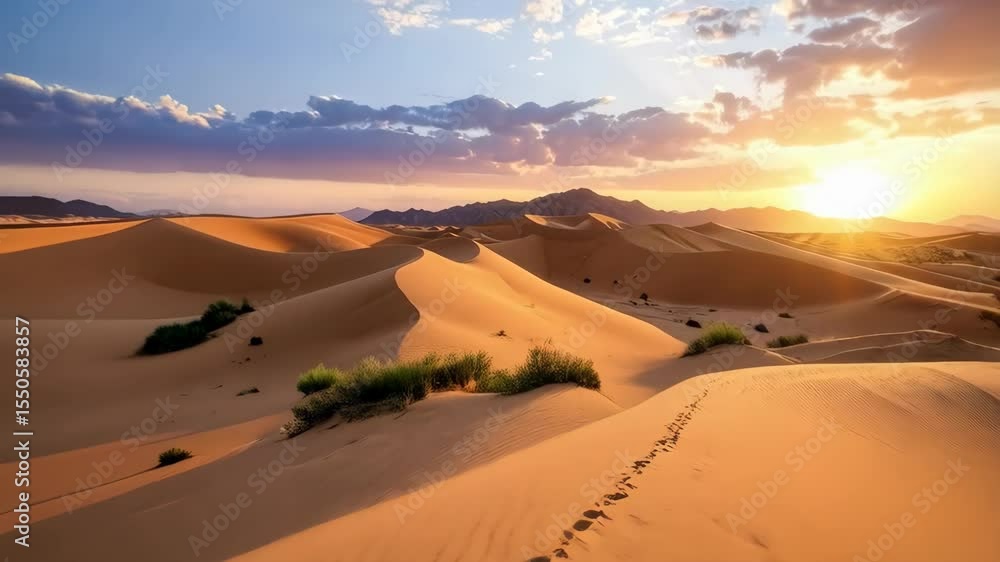 Golden desert landscape with undulating sand dunes and mountain range silhouette at sunset, under a sky of soft pastel colors. Golden desert landscape with undulating sand dunes and mountain range silhouette at sunset, under a sky of soft pastel colors.