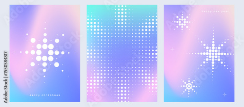 Winter gradient poster with snowflake pattern. Pixel game bg. Halftone snow flake cover set. Blue pink blur backdrop winter ornament. Vector mesh illustration