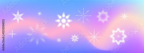 Winter gradient background with snowflake pattern. Pixel game bg. Halftone snow flake icon set. Blue pink blur backdrop winter ornament. Vector mesh illustration